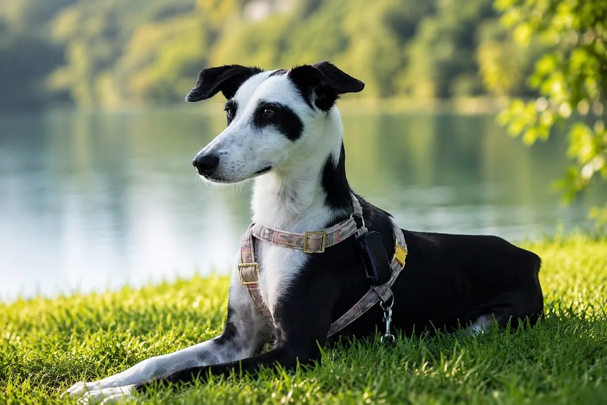 Schwarz-weißer Hund der Praxis liegt im Gras am Wasser