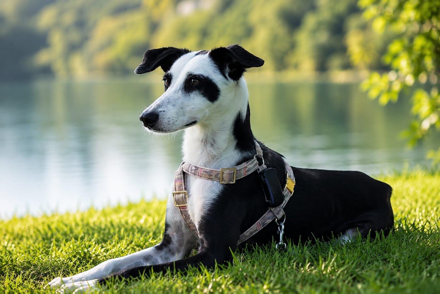 Junger schwarz-weißer Hund liegt im Gras am Wasser